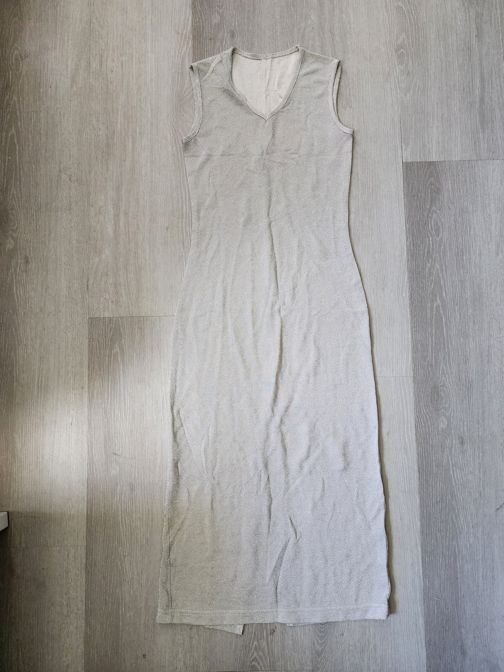 Sleeveless Long V Neck Dress in Light Gray Shimmer